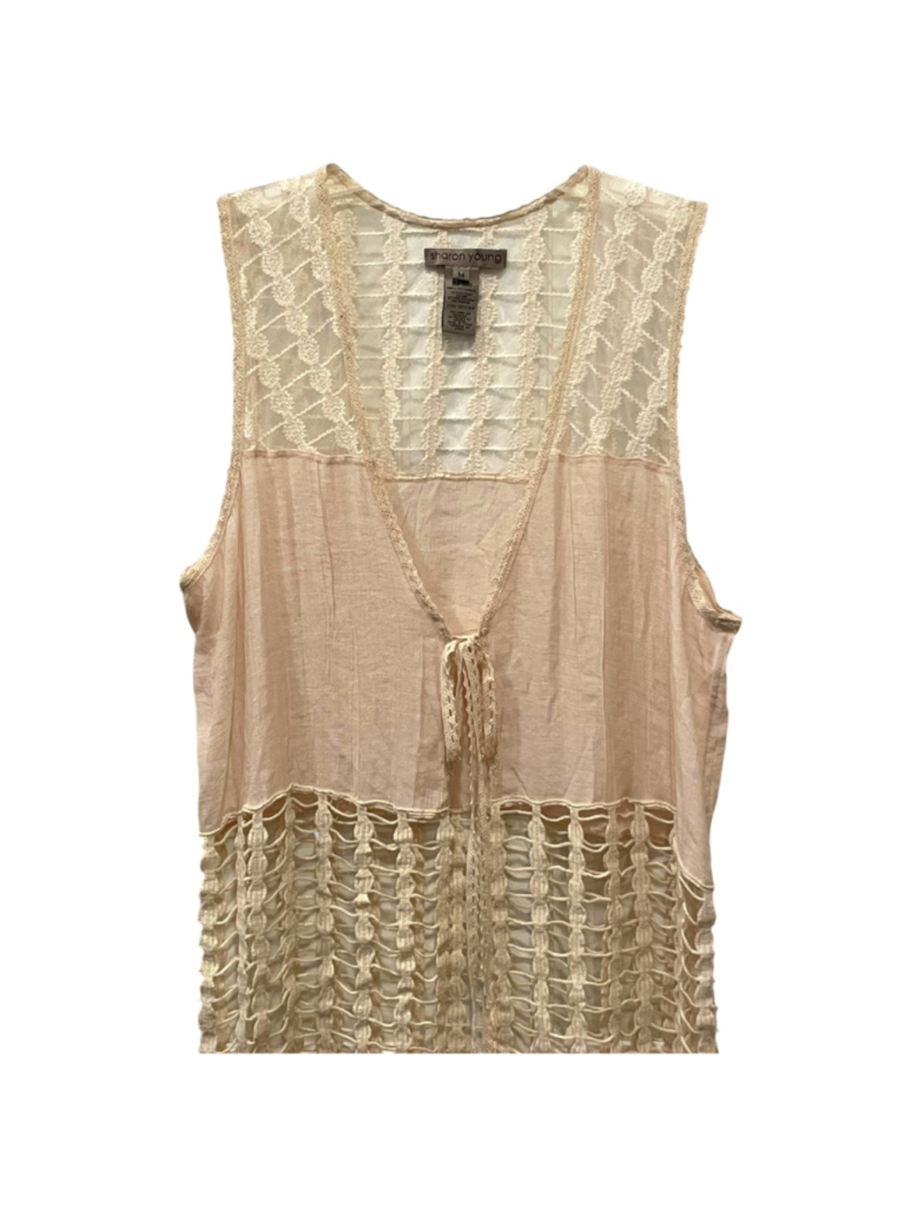 Sharon Young Womens Size Medium Beige Lace Crochet Fringe Vest Boho